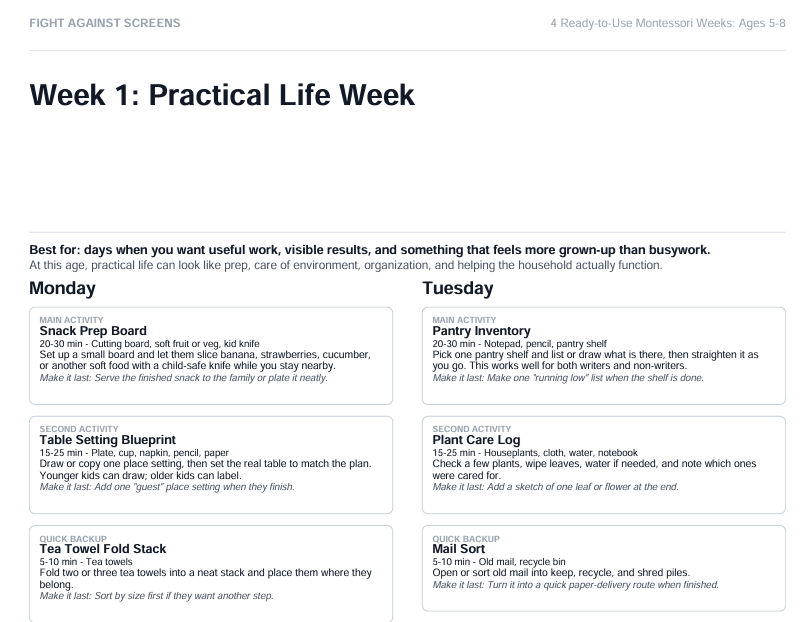 4 Ready-to-Use Montessori-at-Home Weeks (Ages 1-8, Instant Digital Download)